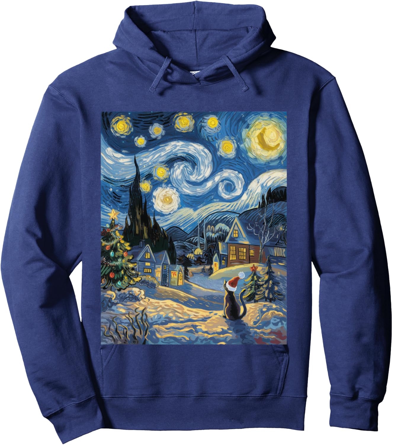 Starry Night Festive Christmas Cat Santa Winter Xmas Hoodie - Hoodie | Navy