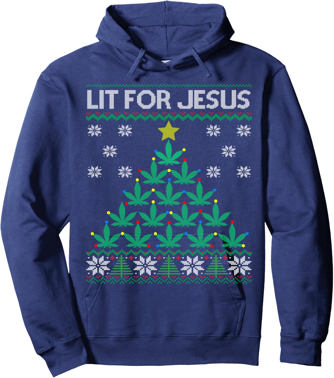 Lit for Jesus Weed Marijuana Cannabis Leaf Christmas Tree Hoodie - Hoodie | Navy