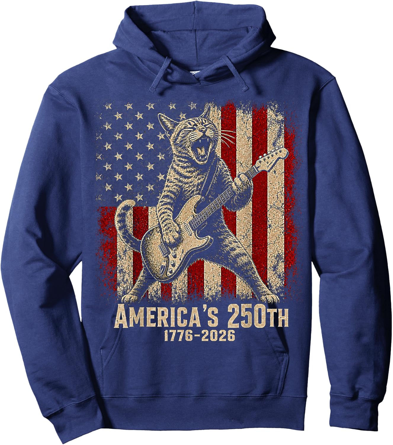 Cat Playing Guitar 250 Years American USA Flag 4th of July Hoodie - Hoodie | Navy