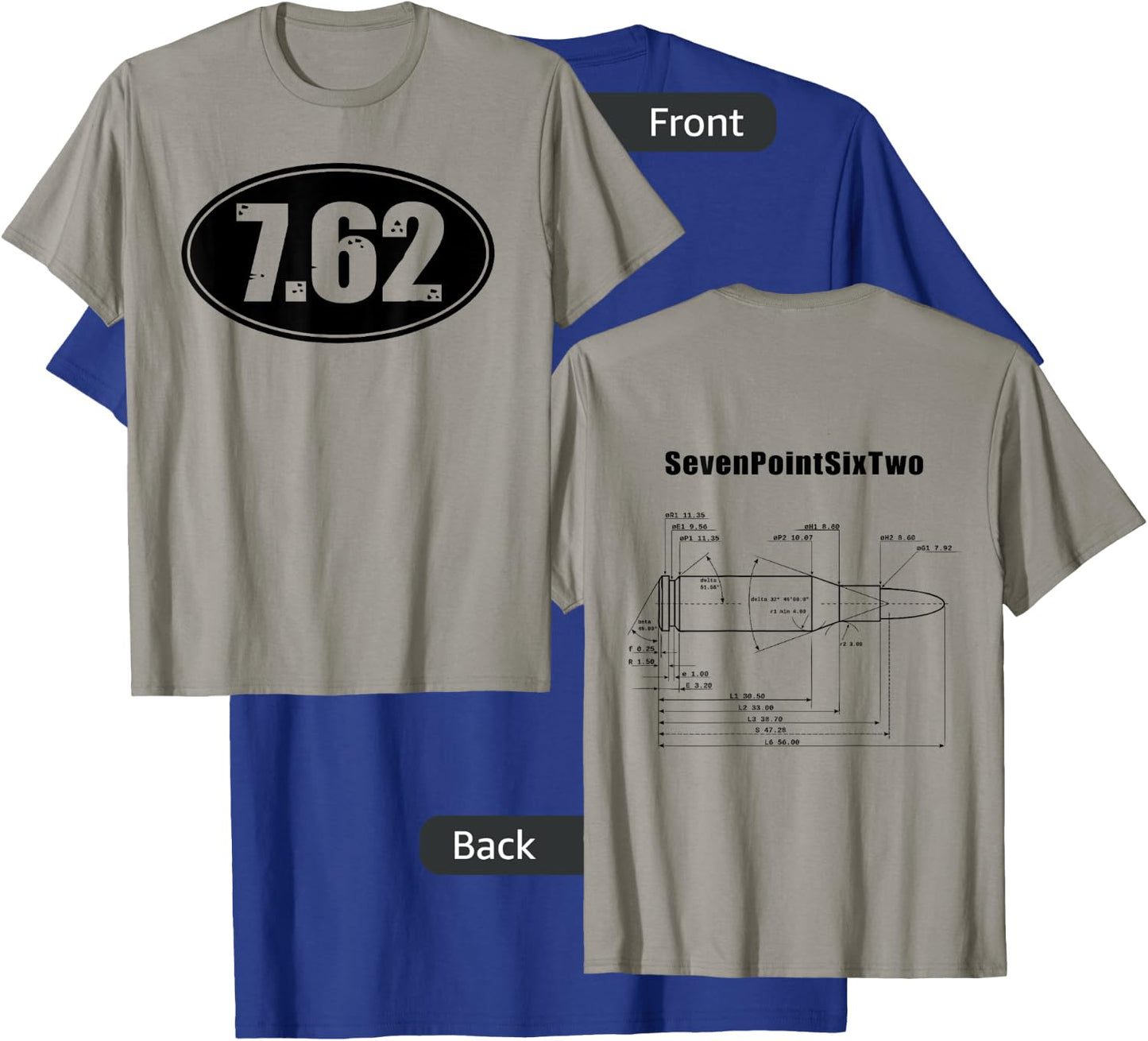 7.62 SKS AK47 Rifle Ammo Gun Bullet Size Dbl Sided Shirt T-Shirt - T-Shirt | Royal