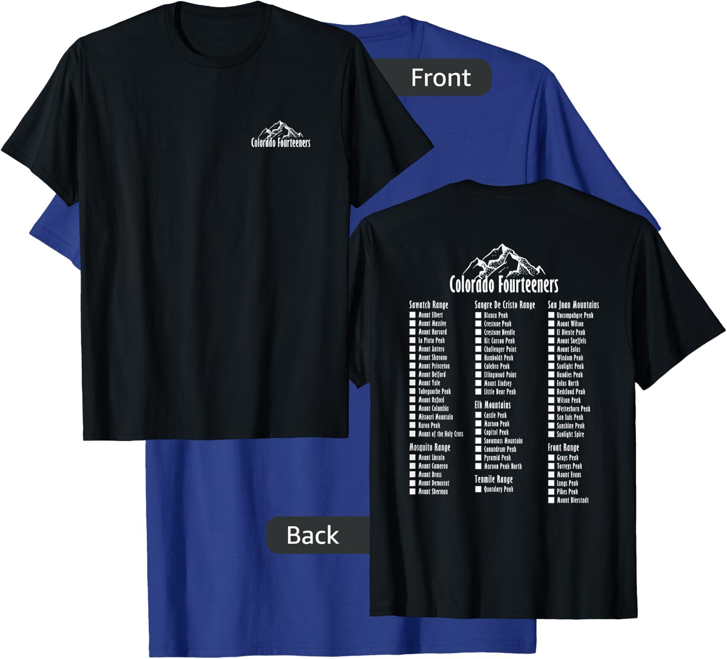Colorado Fourteeners 2 Sided Checklist 14ers T-Shirt - T-Shirt | Royal