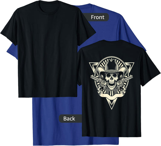 Skull Motorcycle Shirt Biker Cowboy Hat Outlaw Guns T-Shirt - T-Shirt | Royal