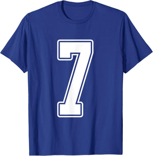 #7 White Outline Number 7 Sports Fan Jersey Style T-Shirt - T-Shirt | Royal