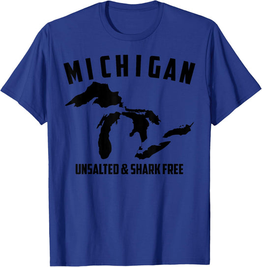 Cool Michigan Unsalted & Shark Free | Funny Fishermen Gift T-Shirt - T-Shirt | Royal