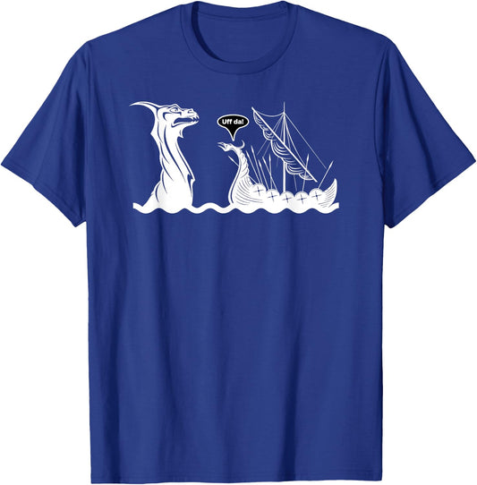 Uff Da Shirt Funny Viking Dragon Ship VS Sea Monster T-Shirt - T-Shirt | Royal