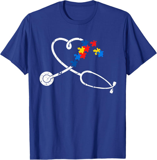 Funny Nurse Autism Puzzle Stethoscope Heart T-Shirt - T-Shirt | Royal