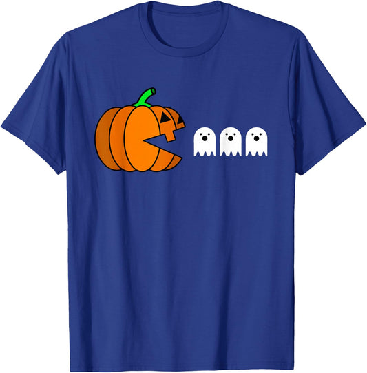 Funny Halloween Pumpkin Eating Ghost, Gamer Men Women Kids T-Shirt - T-Shirt | Royal