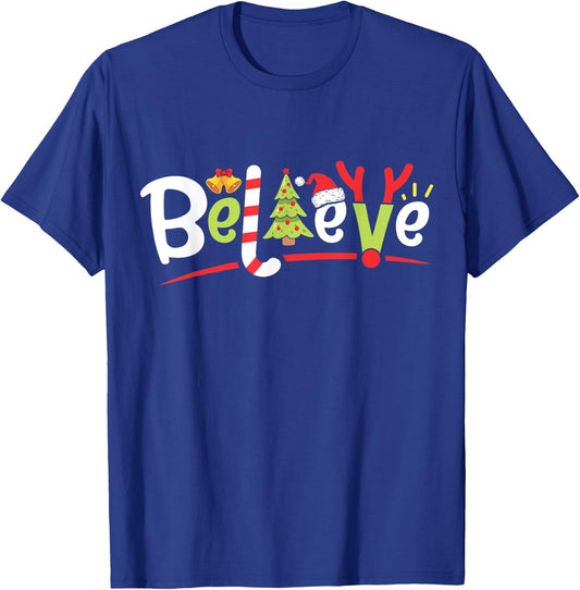 Christmas Believe Boys Girls Santa Hat Xmas Tree Antlers T-Shirt - T-Shirt | Royal