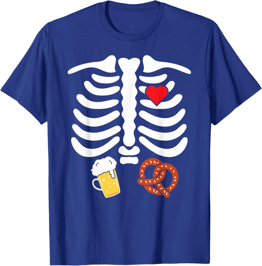 Halloween Skeleton Food Belly Beer Pretzel T Shirt T-Shirt - T-Shirt | Royal
