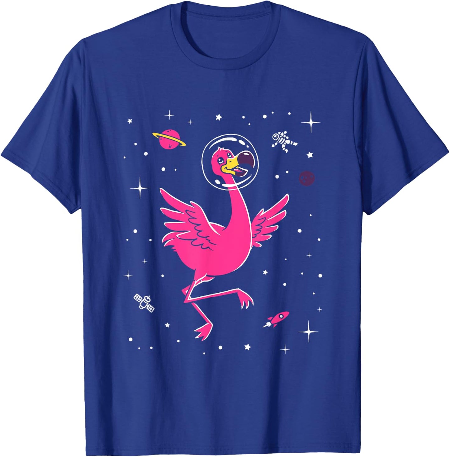 Flamingo In Space - Cute Cartoon Bird T-Shirt - T-Shirt | Royal
