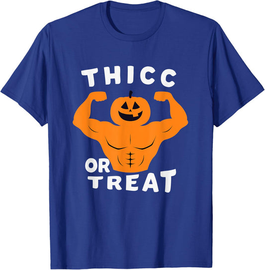 Thicc Or Treat , funny halloween muscule pumpkin T-Shirt - T-Shirt | Royal
