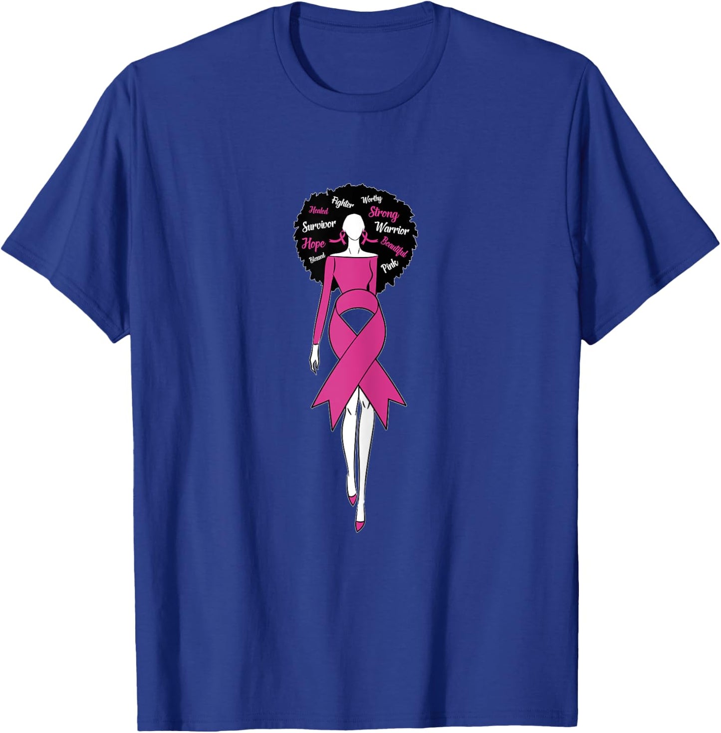 Afro Black Woman Pink Ribbon Dress Breast Cancer Awareness T-Shirt - T-Shirt | Royal