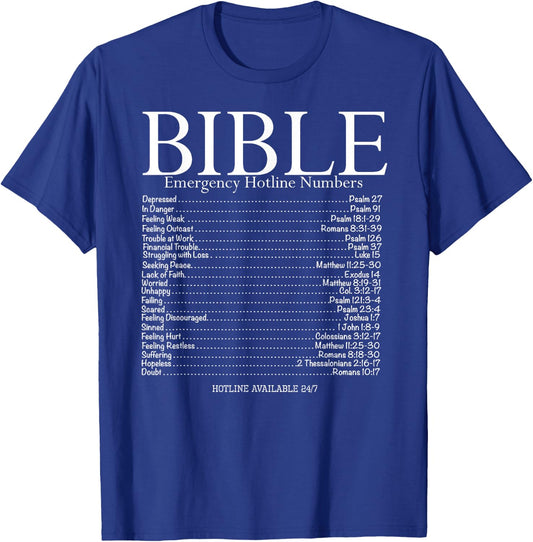 BibleLifestyle Bible Emergency Hotline Numbers , Adult, Black, Small, Short Sleeve, Classic Fit, Modern Classic, Bible Theme T-Shirt - T-Shirt | Royal