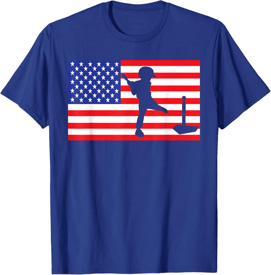 Ball Player USA American Flag Baseball 4th Of July T-Shirt - T-Shirt | Royal