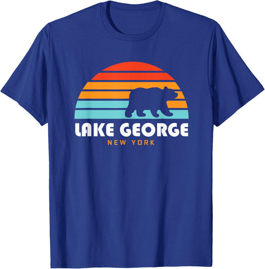 Lake George NY Adirondacks Retro Sunset Bear T-Shirt - T-Shirt | Royal