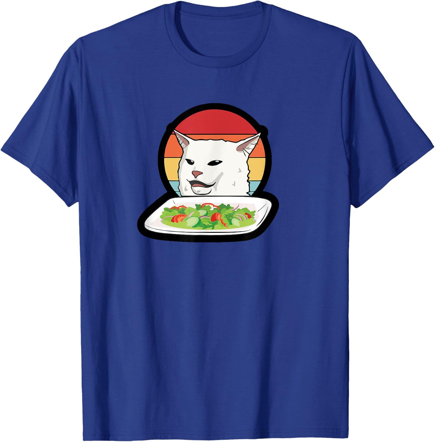 Funny Woman Yelling at Confused Cat Dinner Table Salad Meme T-Shirt - T-Shirt | Royal