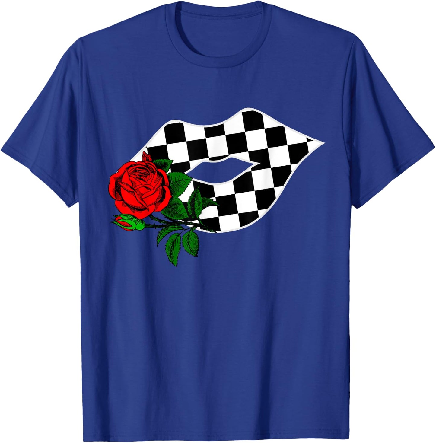 Checkered Lips Kiss With Red Rose Flower Racing T-Shirt - T-Shirt | Royal