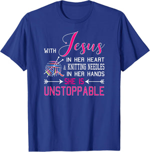 With Jesus In Her Heart & Knitting Needles Hands She T-Shirt - T-Shirt | Royal
