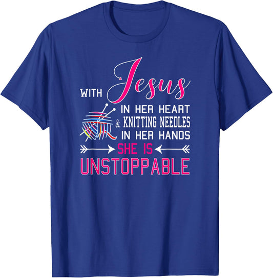 With Jesus In Her Heart & Knitting Needles Hands She T-Shirt - T-Shirt | Royal