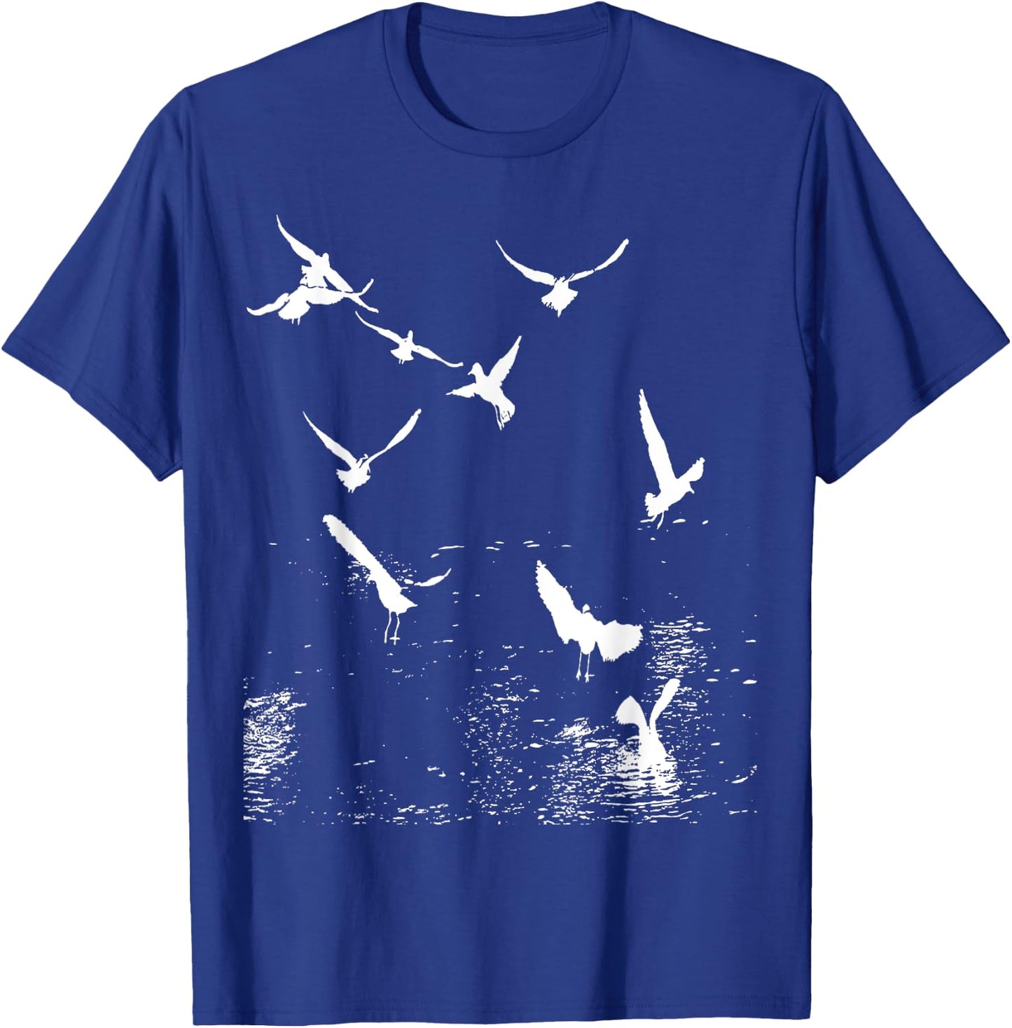 White Silhouette Of A Flock Of Seagulls Over Water T-Shirt - T-Shirt | Royal