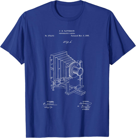 Camera Man with Antique Patent Art Camera T-Shirt - T-Shirt | Royal