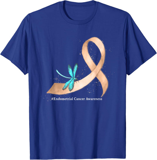 Hippie Dragonfly Peach Ribbon Endometrial Cancer Awareness T-Shirt - T-Shirt | Royal