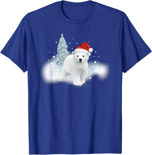 Cute Christmas Polar Bear Red Santa Hat Lighted Tree Snow T-Shirt - T-Shirt | Royal