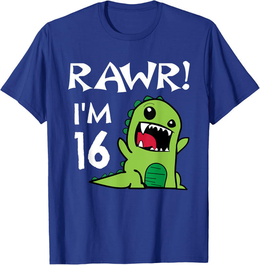 16th Birthday - Sweet 16 Year Old Dinosaur Shirt T-Shirt - T-Shirt | Royal