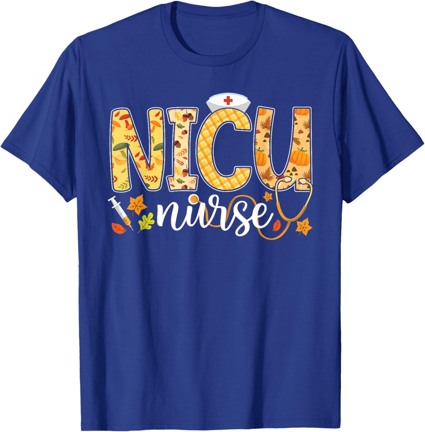 NICU Nurse Fall Yall Autumn Pumpkin Thanksgiving Stethoscope T-Shirt - T-Shirt | Royal