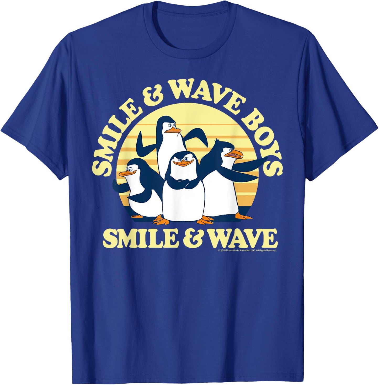 Madagascar Penguins Smile And Wave Sunset Text Poster T-Shirt - T-Shirt | Royal