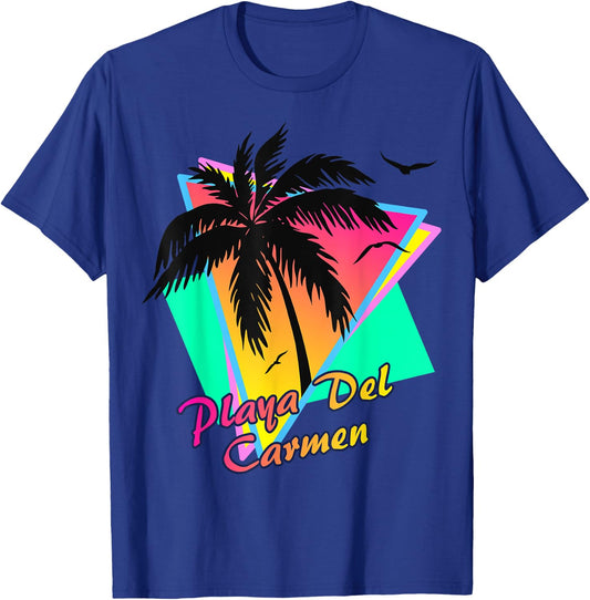 Playa Del Carmen 80s Tropical Summer And Beach Palm Sunset T-Shirt - T-Shirt | Royal