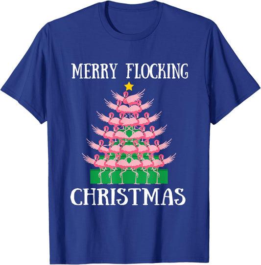 Flamingo Merry Flocking Christmas Tree Lights Flamingos XMas T-Shirt - T-Shirt | Royal