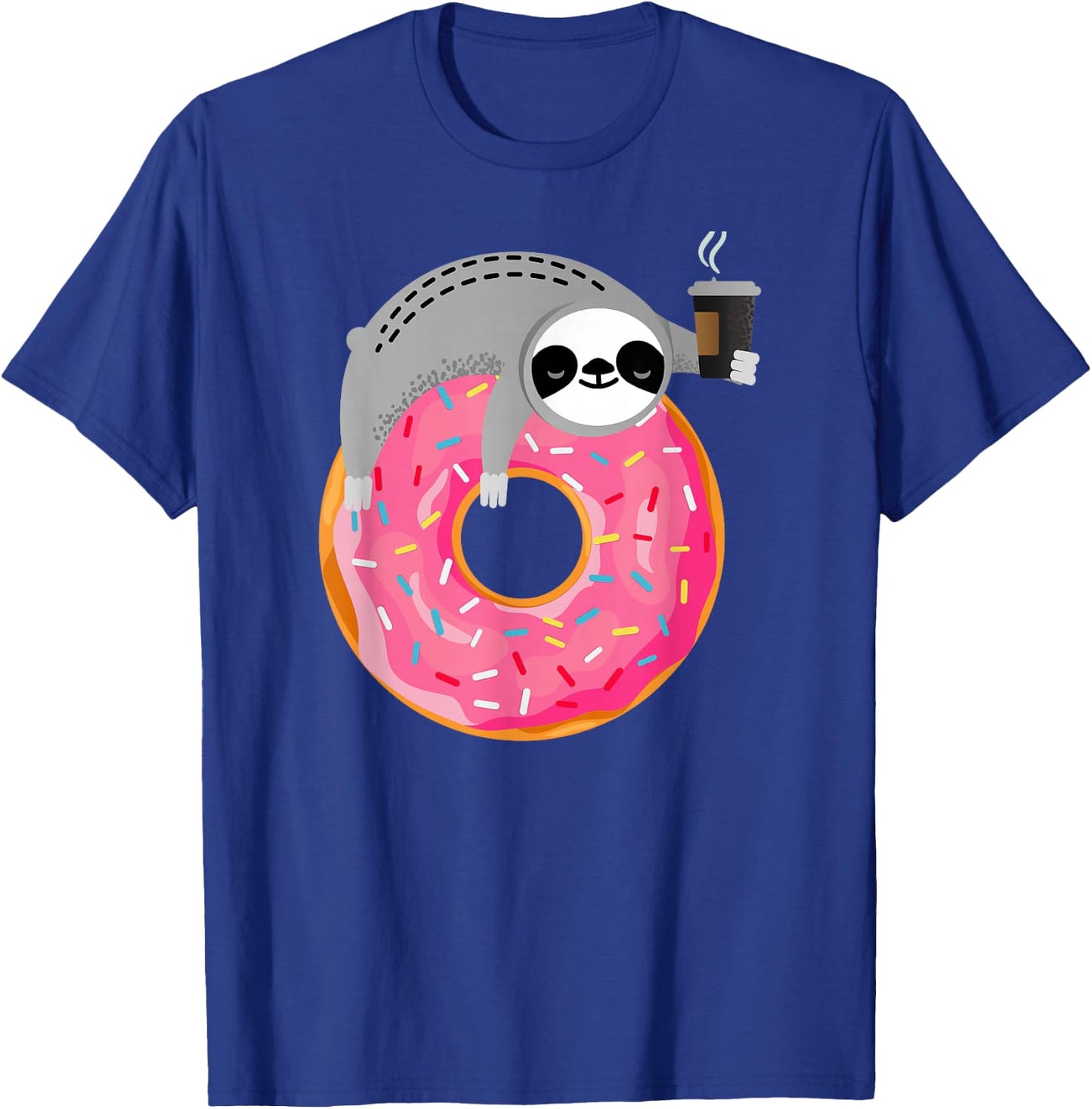 Sloth On Donut With Cup Of Steaming Coffee T-Shirt - T-Shirt | Royal