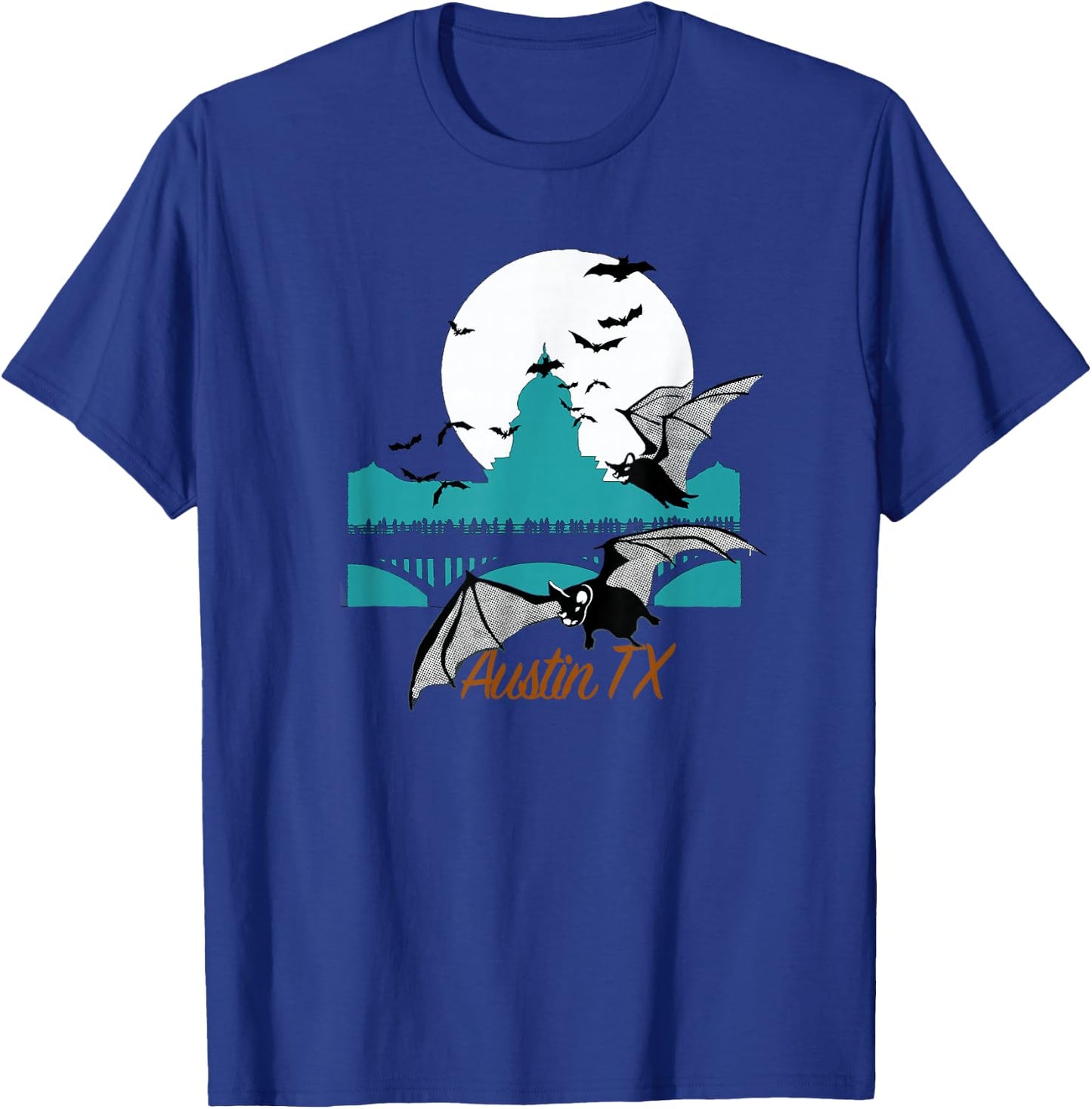 Austin TX Bats Over Congress Bridge With Capitol Building T-Shirt - T-Shirt | Royal