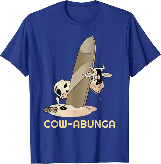 Funny Cow Shirt Cow-abunga surfing cow on beach surfboard Men Women Kids T-Shirt - T-Shirt | Royal