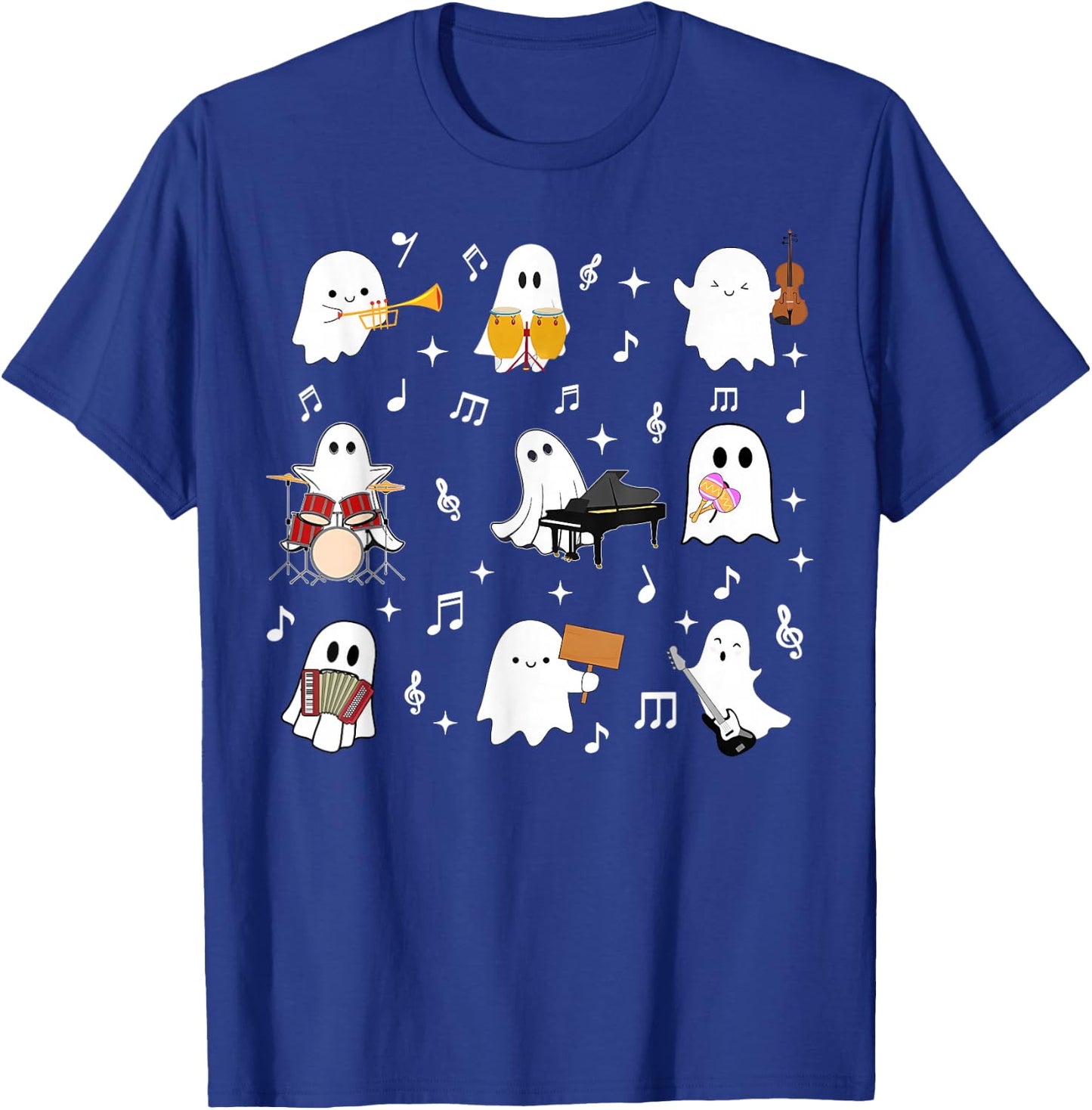 Halloween Music Teacher Ghost Playing Musical Instruments T-Shirt - T-Shirt | Royal