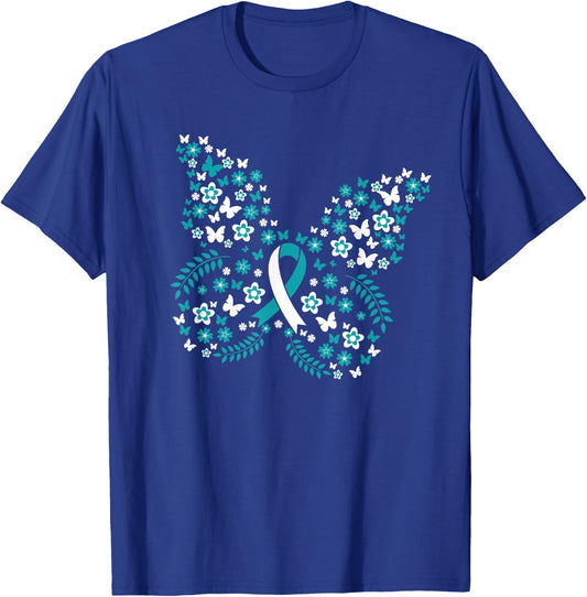Flower Butterfly Cervical Cancer Awareness Ribbon Gifts T-Shirt - T-Shirt | Royal