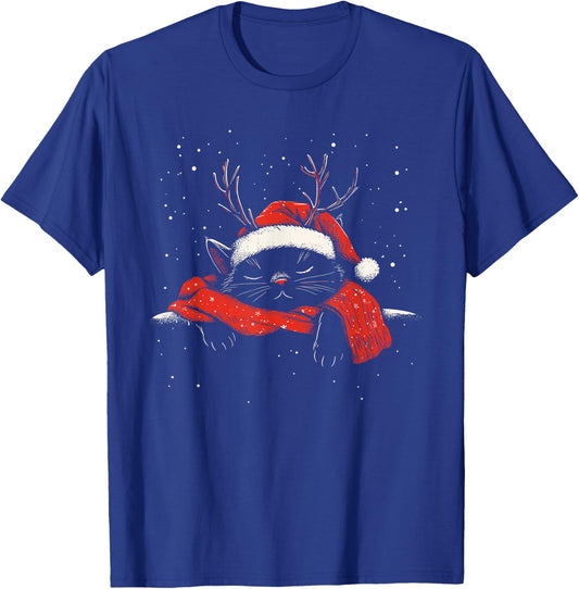 Black Cat Antlers Santa Hat Christmas Xmas Kitten Men Women T-Shirt - T-Shirt | Royal