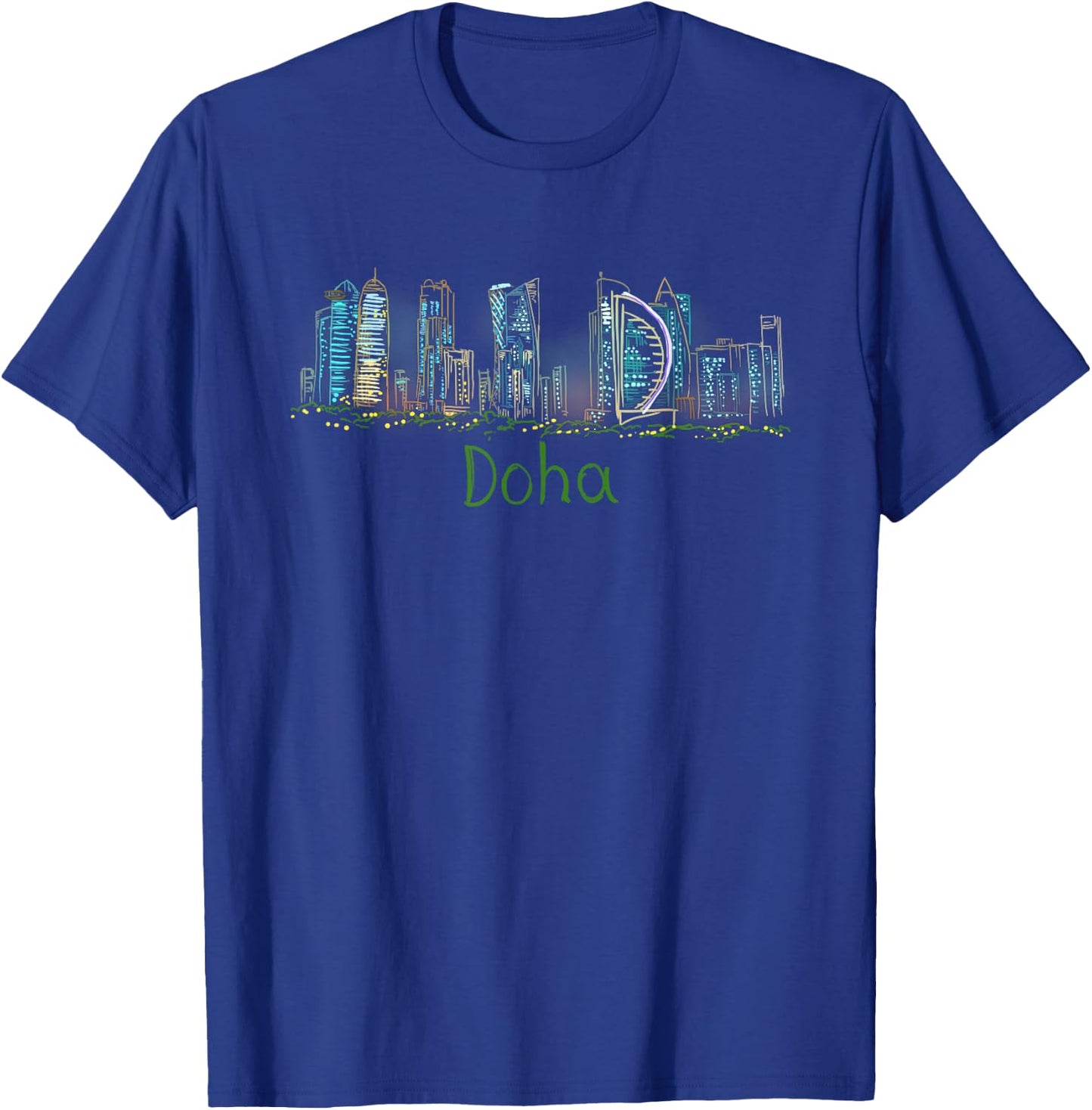 Doha Night Qatar Travel Souvenir Panarama City Landmark Gift T-Shirt - T-Shirt | Royal
