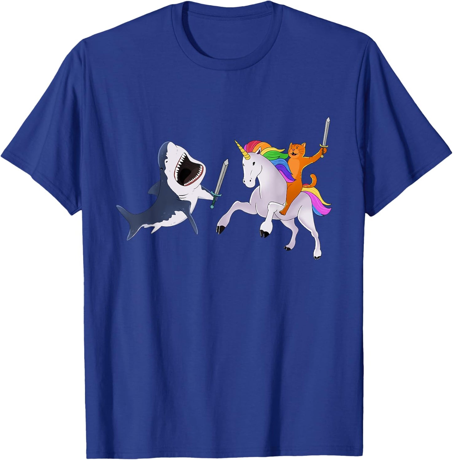 Funny Cat Riding Magical Unicorn Sword Fighting Shark T-Shirt - T-Shirt | Royal