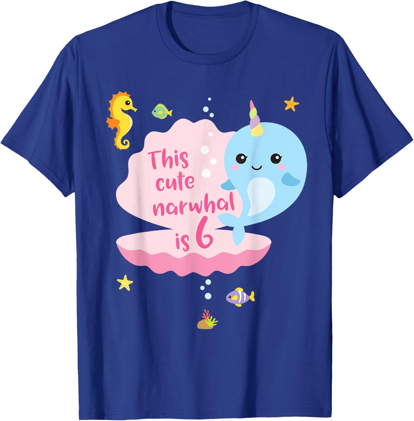 6th Birthday 6 Year Old Girl Boy Gift Narwhal Sea Unicorn T-Shirt - T-Shirt | Royal