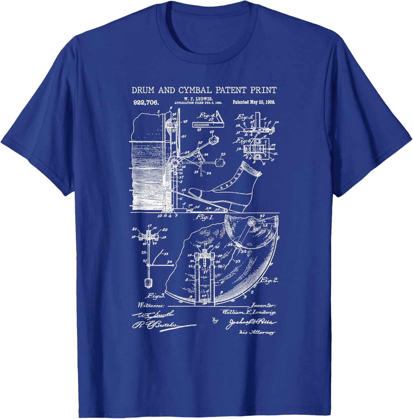 Drum And Cymbal Patent Print 1909 - Vintage Patent Music Art T-Shirt - T-Shirt | Royal