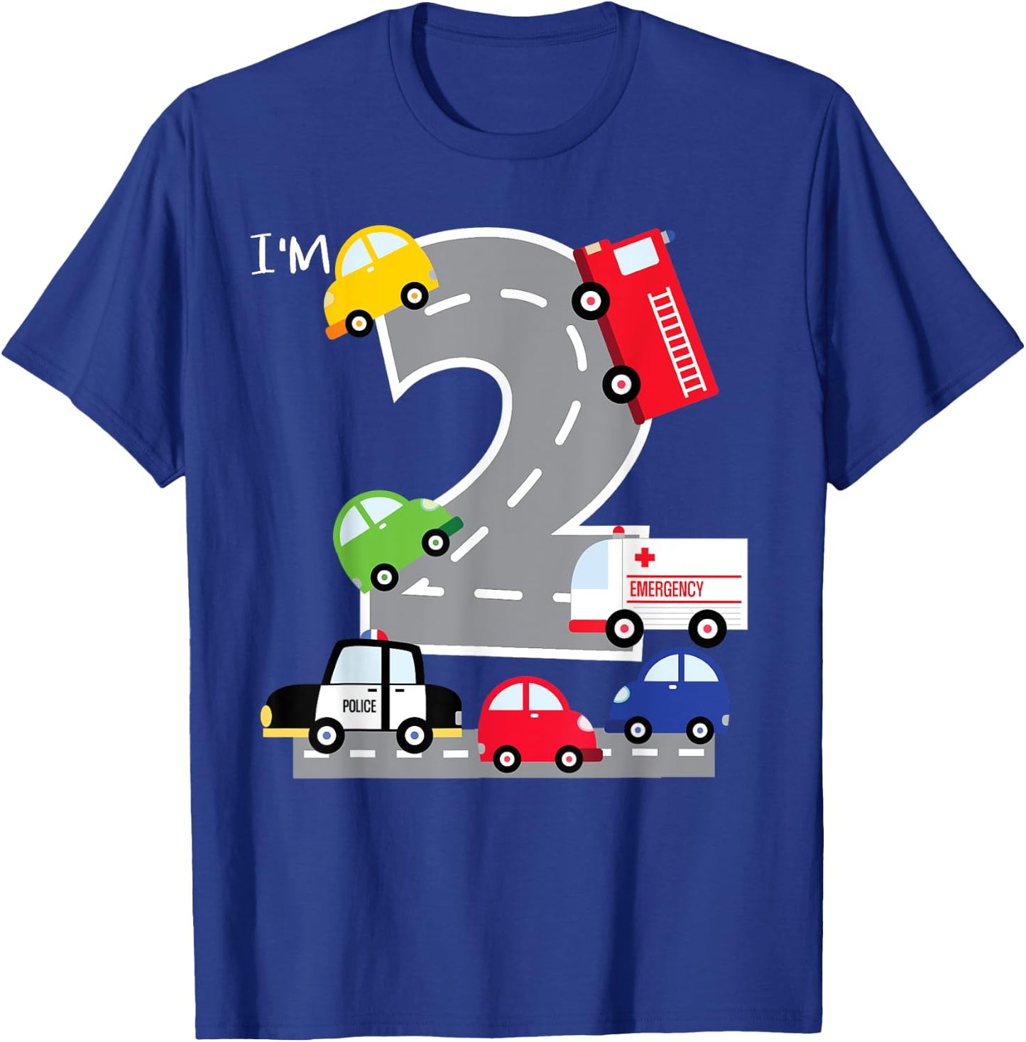 2nd Birthday 2 Year Old Transportation Cars Fire Truck T-Shirt - T-Shirt | Royal