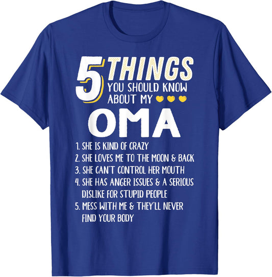 Funny 5 Things Grandma Oma Gift T-Shirt - T-Shirt | Royal