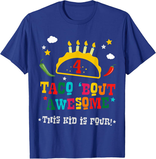 4th Birthday Taco Bout Awesome Boys Age 4 Four Party Gift T-Shirt - T-Shirt | Royal