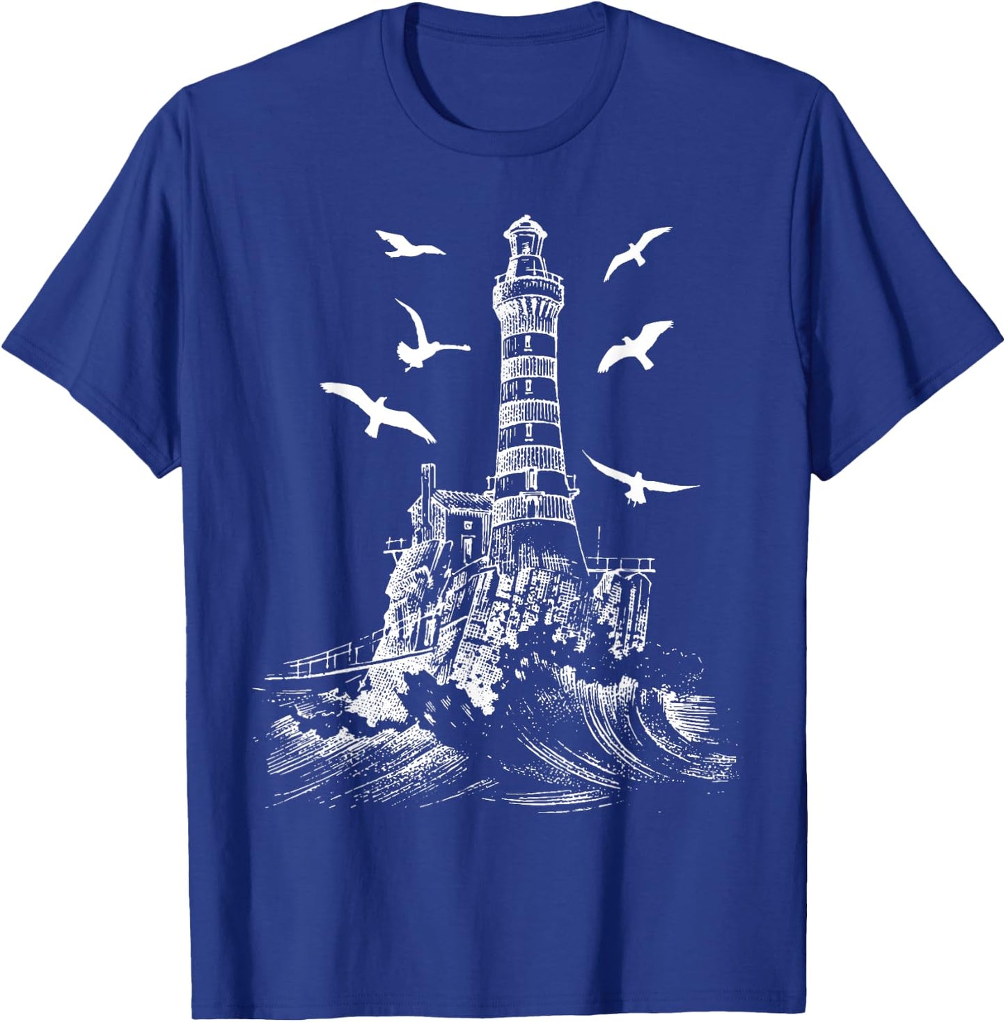 Seagull Silhouette Illustrated Lighthouse Image Gift T-Shirt - T-Shirt | Royal