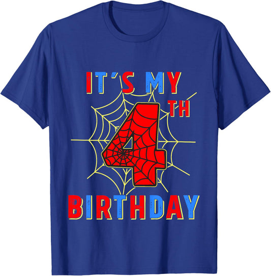 Its My 4th Birthday 4 Year Old Spider Web Birthday Party T-Shirt - T-Shirt | Royal