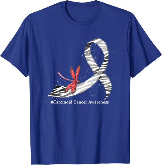 Hippie Dragonfly Zebra Ribbon Carcinoid Cancer Awareness T-Shirt - T-Shirt | Royal