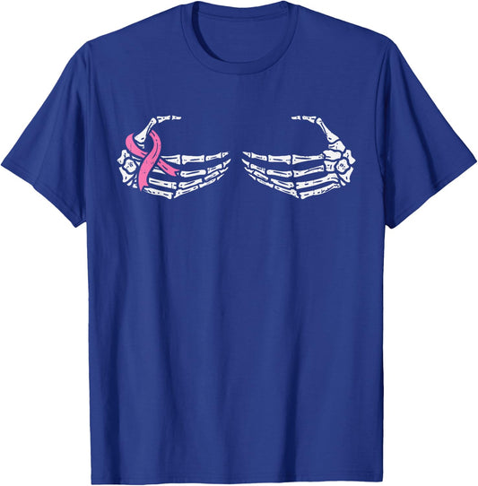Skeleton Bra Hands Pink Ribbon Halloween Breast Cancer Women T-Shirt - T-Shirt | Royal