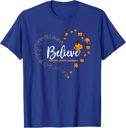 Appendix Cancer Awareness Butterfly Believe T-Shirt - T-Shirt | Royal